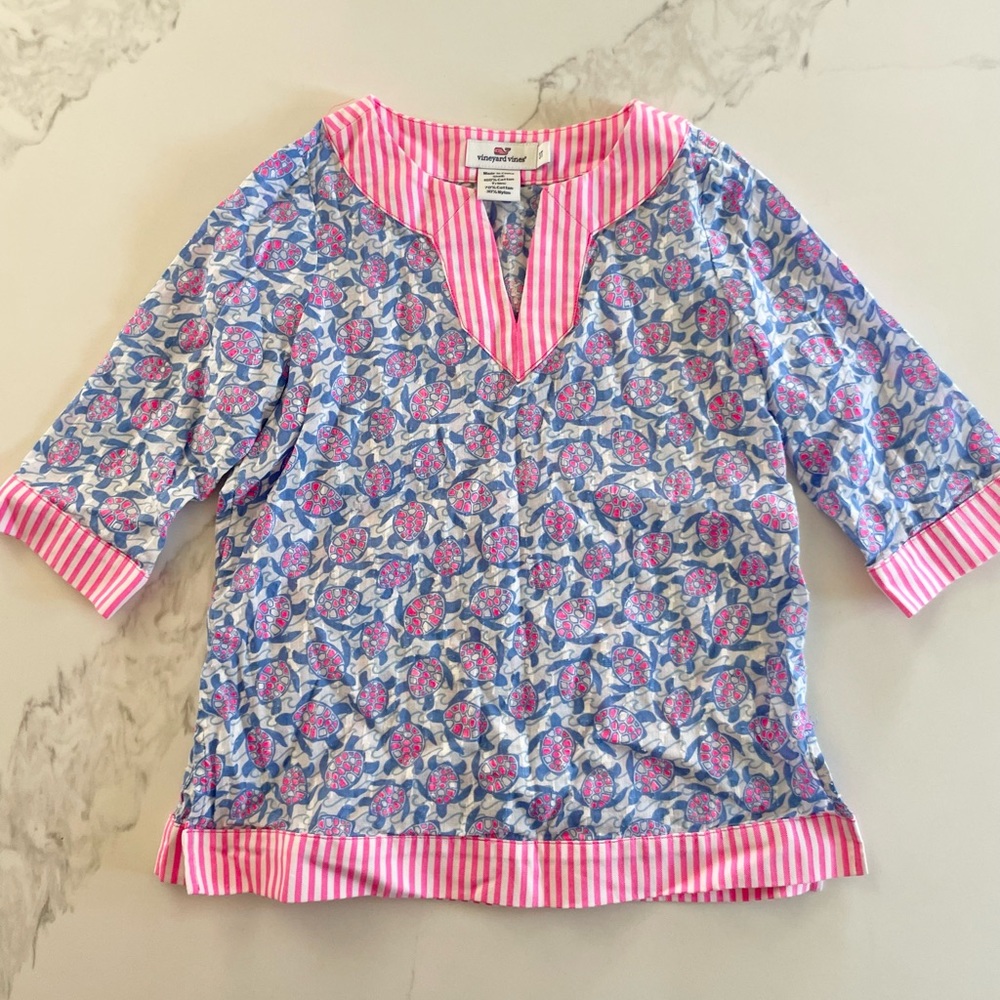 Vineyard Vines Girls Blue & Pink Floral Stripe Tunic